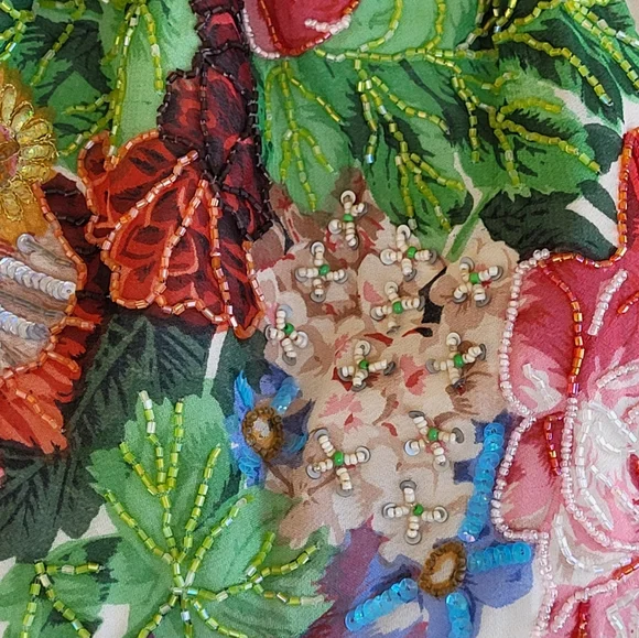 Christiana Rayon Floral Beaded Tote With 2 Bamboo Top Handles Large - Picture 8 of 14